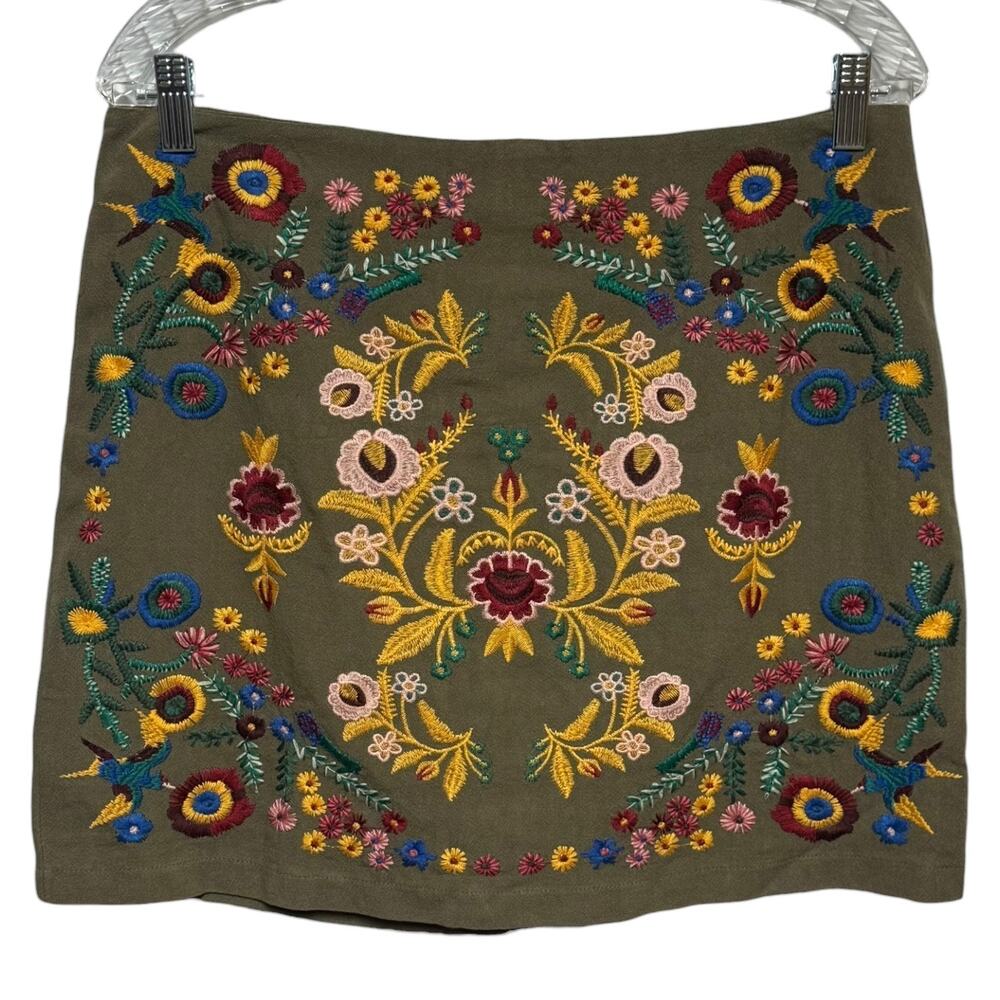 Umgee Cotton Julia Floral Embroidered Mini Skirt A-Line Green Large